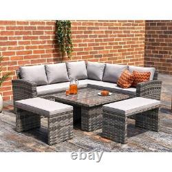 Rosen Rattan Garden Furniture 9 Seater Corner Sofa Rising Table Set 2 Benches