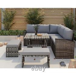 Rosen Rattan Garden Furniture 9 Seater Corner Sofa Rising Table Set 2 Benches