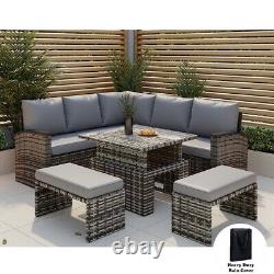 Rosen Rattan Garden Furniture 9 Seater Corner Sofa Rising Table Set 2 Benches