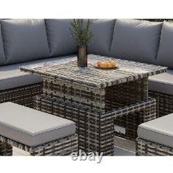 Rosen Rattan Garden Furniture 9 Seater Corner Sofa Rising Table Set 2 Benches