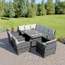 Round Rattan Dining Table Set Arm Chair Corner Sofa Garden Furniture Grey 9 Seat