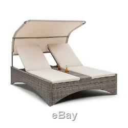 Sun Bed Lounger Garden Patio Outdoor Canopy daybed Reclinable Rattan Taupe