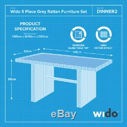 Wido 5 Piece Grey Rattan Sofa Set Garden Furniture Table Chairs Stools Outdoor