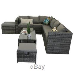 Yakoe Rattan Garden Furniture 9 Seater Corner Sofa Set Outdoors Grey+ rain cover